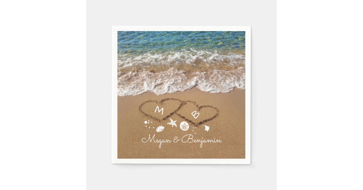 青い海の波および砂のハートの熱帯結婚式 スタンダードカクテルナプキン Zazzle Co Jp