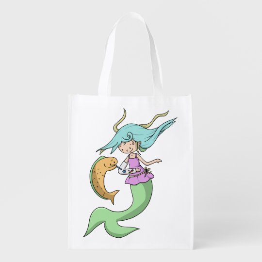 青い髪に腕を折ったかわいい人魚 エコバッグ Zazzle Co Jp