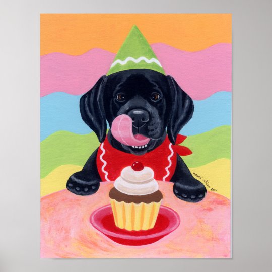 黒いラブラドールの子犬の誕生日のカップケーキのアートワーク ポスター Zazzle Co Jp
