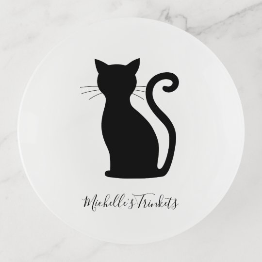 黒猫シルエット黒と白の名前かわいい トリンケットトレー Zazzle Co Jp