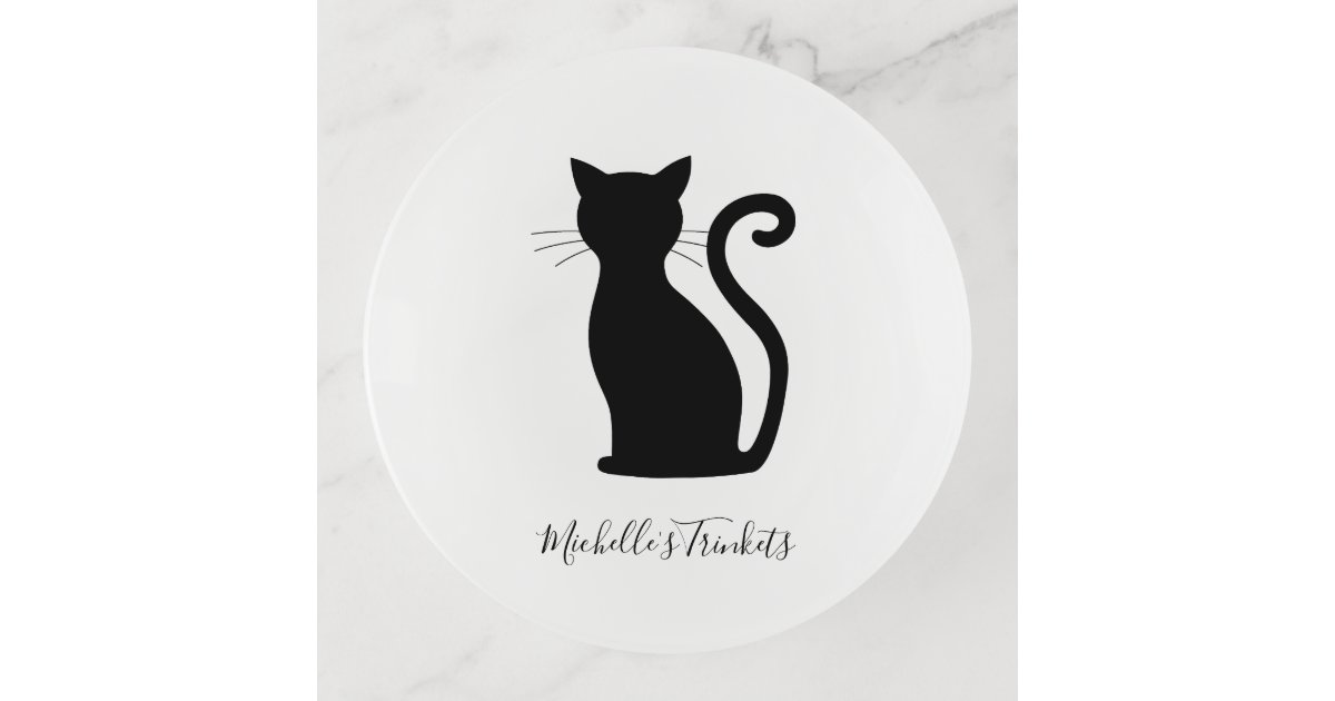 黒猫シルエット黒と白の名前かわいい トリンケットトレー Zazzle Co Jp