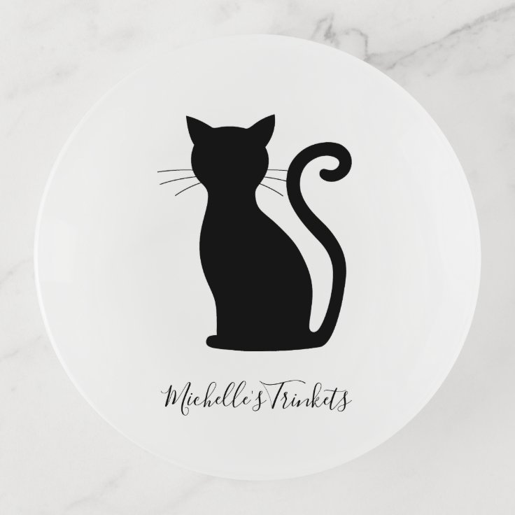 黒猫シルエット黒と白の名前かわいい トリンケットトレー Zazzle Co Jp