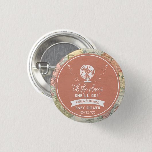 「あぁ、どこに行くんだ!」 旅行マップ赤ちゃんシャワー 缶バッジ (正面&裏面)