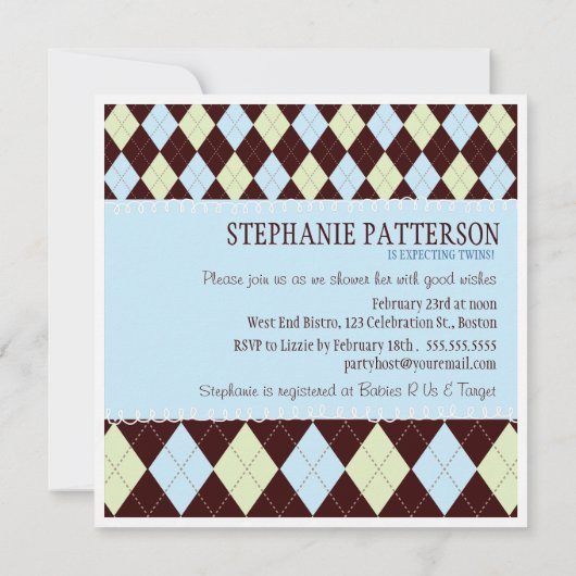ああそれは双生児のアーガイル柄のな男の赤ちゃんの双生児のシャワーです 招待状 (裏面)