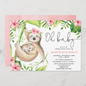 ああベビーのかわいいナマケのピンクの女の子のベビーシャワー 招待状 (正面/裏面)