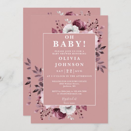 ああベビーほこりっぽいバラフローラすべて1つの赤ちゃんシャワー 招待状 (正面/裏面)