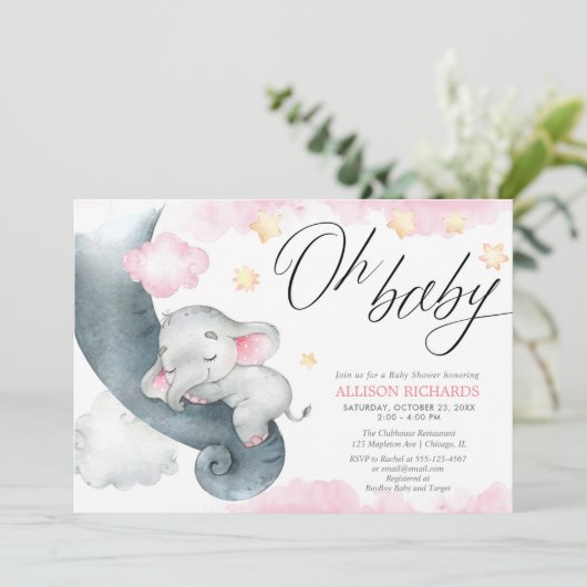ああベビーガールエレファントピンク黄色の赤ちゃんシャワー 招待状 (スタンド正面)