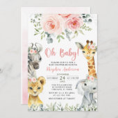 ああベビーガールサファリ動物ベビーシャワー 招待状 (正面/裏面)