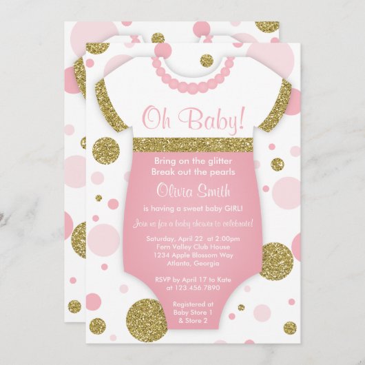 ああベビーガール、ベビーシャワー招待状、フェイク金ゴールド 招待状 (正面/裏面)