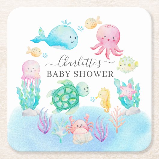 ああベビーシーベイビーシャワーの下 スクエアペーパーコースター (正面)