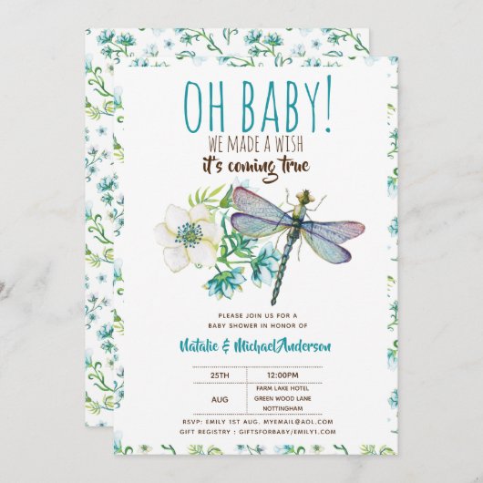 ああベビートンボ願いベイビーシャワーフローラを作る 招待状 (正面/裏面)