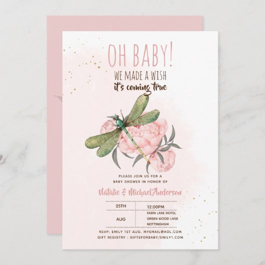 ああベビードラゴンフライ希望の赤ちゃんシャワーフローラを作る 招待状 (正面/裏面)