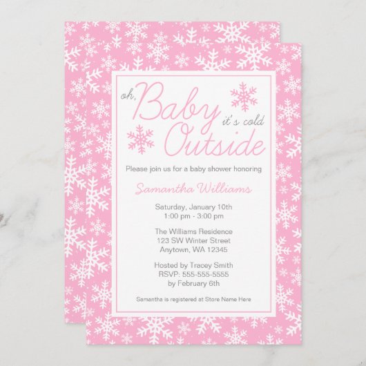 ああベビーピンクの赤ちゃんシャワー外は寒い 招待状 (正面/裏面)