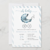 ああベビーブルーベビーカーPram男の子ベビーシャワー 招待状 (正面)