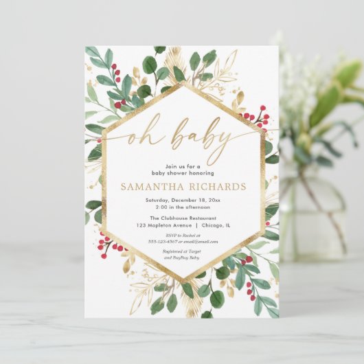 ああベビー水の色クリスマスホリー赤ちゃんシャワー 招待状 (スタンド正面)