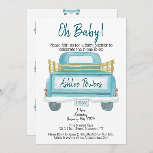 ああベビー男の子のシャワー招待車だ 招待状 (正面/裏面)