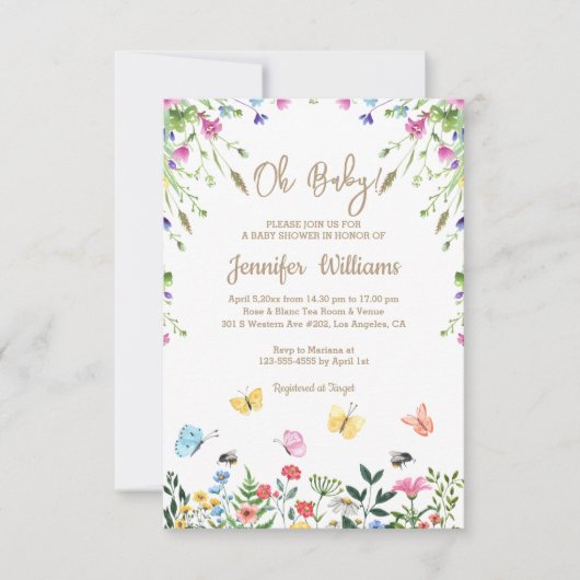 ああベビー男女兼用、赤ちゃんシャワーフローラシック 招待状 (正面)