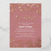 ああベビー。ほこりっぽいバラ金ゴールドフローラライン赤ちゃんシャワー 箔招待状 (正面)