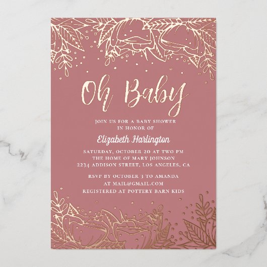 ああベビー。ほこりっぽいバラ金ゴールドフローラライン赤ちゃんシャワー 箔招待状 (正面)