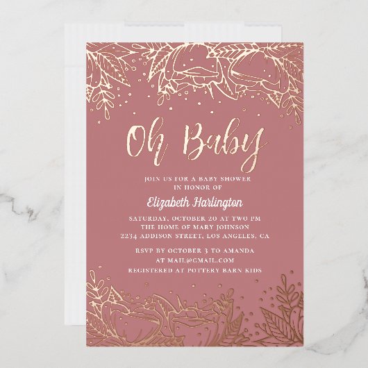 ああベビー。ほこりっぽいバラ金ゴールドフローラライン赤ちゃんシャワー 箔招待状 (封筒)