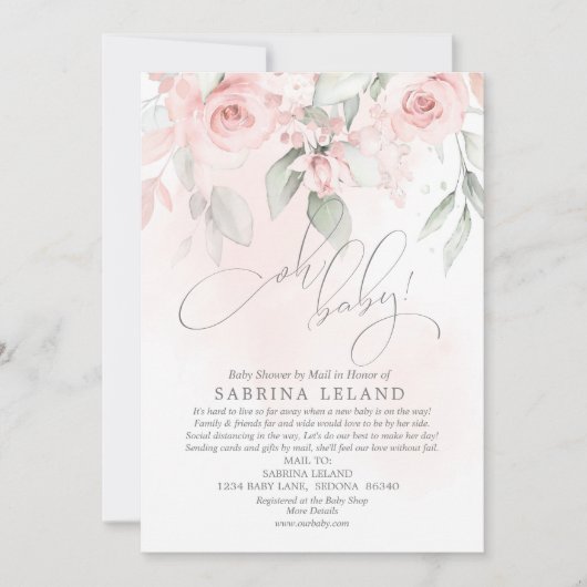 ああベビー!シャワーバイメールヴィンテージ赤面ピンクローズ 招待状 (正面)