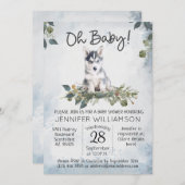 ああベビー!ハスキーな水彩犬の赤ちゃんシャワー 招待状 (正面/裏面)