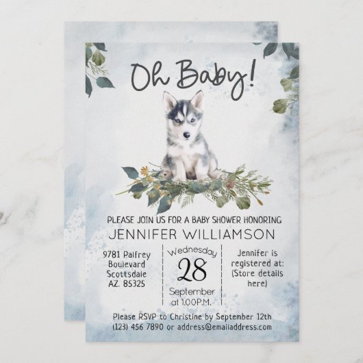 ああベビー!ハスキーな水彩犬の赤ちゃんシャワー 招待状 (正面/裏面)