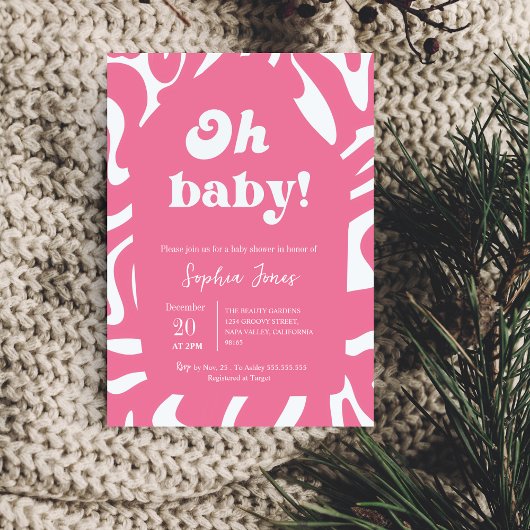 ああベビー!バラピンク市松模様にクジンガム赤ちゃんシャワー 招待状