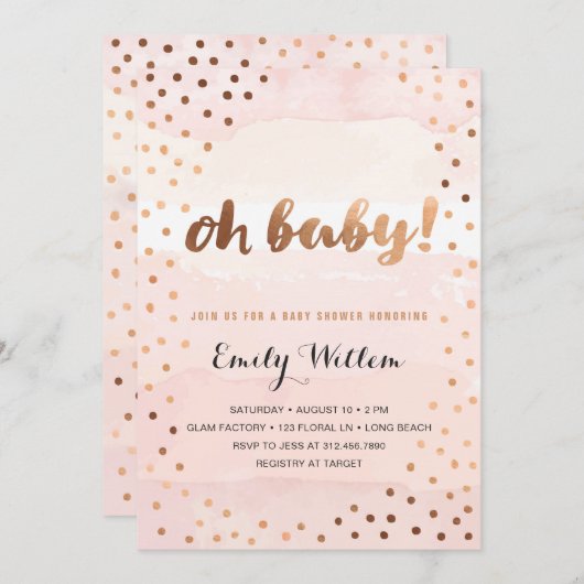 ああベビー!ピンクの水彩と金箔のベビーシャワー 招待状 (正面/裏面)