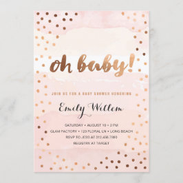 ああベビー!ピンクの水彩と金箔のベビーシャワー 招待状