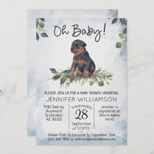 ああベビー!ロットワイラー子犬の赤ちゃんシャワー 招待状 (正面/裏面)