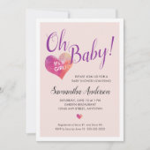 ああベビー!女の子のピンクのハートの赤ちゃんシャワー 招待状 (正面)