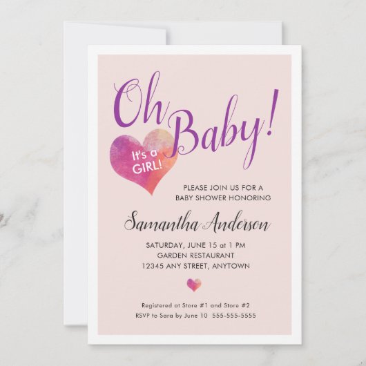 ああベビー!女の子のピンクのハートの赤ちゃんシャワー 招待状 (正面)