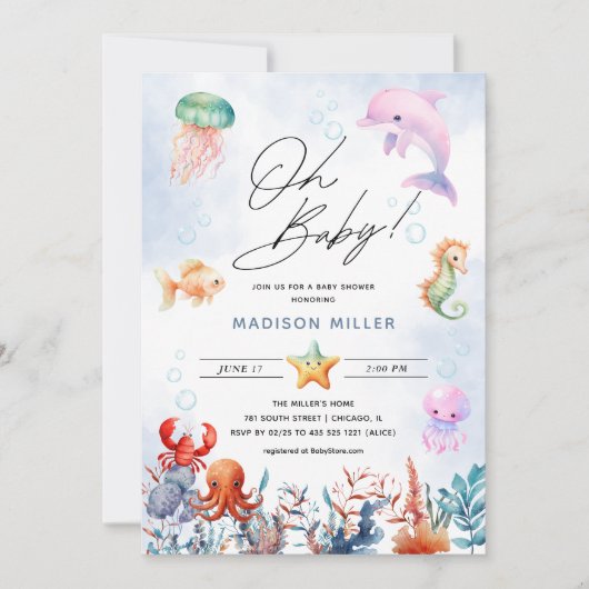 ああベビー!海獣 |海をテーマにしたベビーシャワー 招待状 (正面)