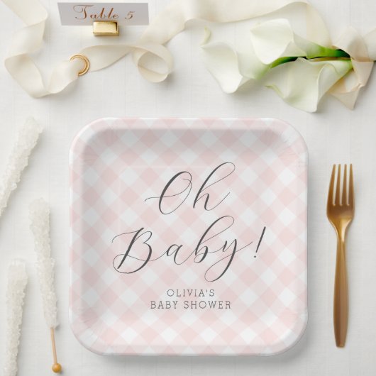 ああベビー!甘いライトピンクのギンガムベビーシャワー ペーパープレート (ウェディング)