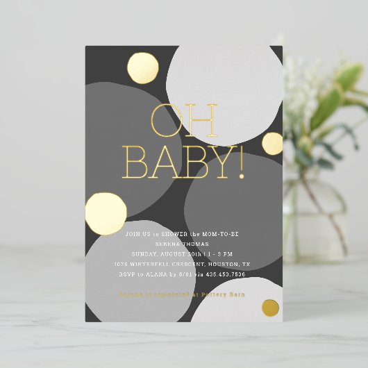 ああベビー!白黒モダンの赤ちゃんシャワー 箔招待状 (立ち正面)