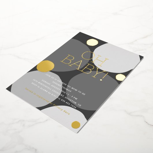 ああベビー!白黒モダンの赤ちゃんシャワー 箔招待状 (回転した状態)