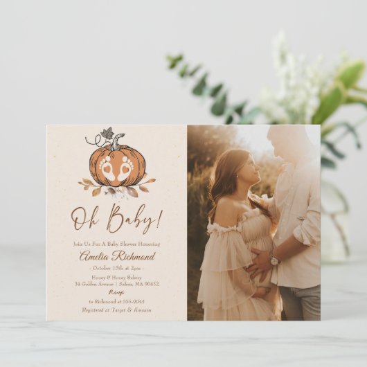 ああベビー!秋カボチャ秋の赤ちゃんシャワー写真 招待状 (スタンド正面)