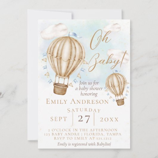 ああベビー！茶色の熱気球フラグ赤ちゃんシャワー 招待状 (正面)