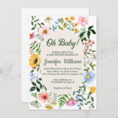 ああベビー、赤ちゃんシャワー水色ワイルドフラワーグリーン 招待状 (正面/裏面)