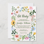 ああベビー、赤ちゃんシャワー水色ワイルドフラワーグリーン 招待状 (正面)