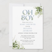 ああボーイボタニカル緑ほこりっぽい青い赤ちゃんシャワー 招待状 (正面)