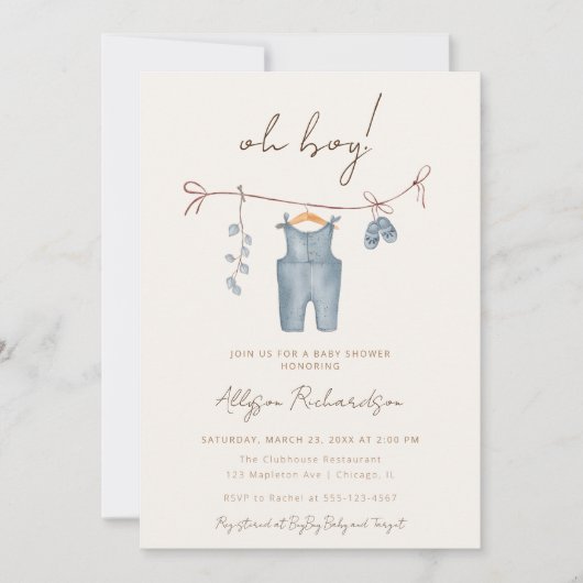 ああボーホー赤ちゃん服ブルー赤ちゃんシャワー 招待状 (正面)