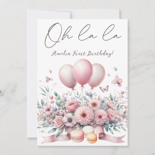 ああラ赤面ピンクフローラベビーガール1st誕生日 招待状 (正面)