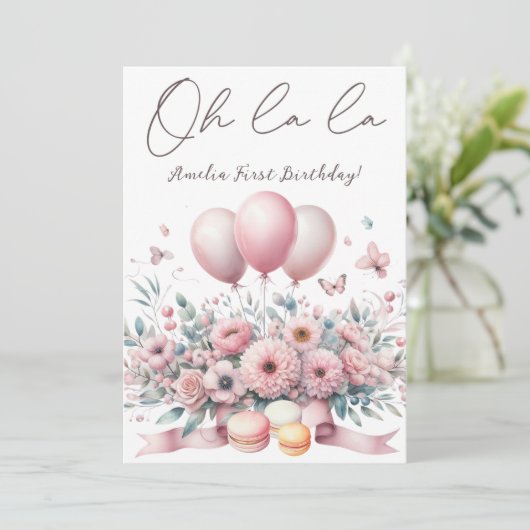 ああラ赤面ピンクフローラベビーガール1st誕生日 招待状 (スタンド正面)