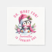 ああ何おもしろいかわいいペンギン冬の女の子1日の誕生日 スタンダードカクテルナプキン (正面)