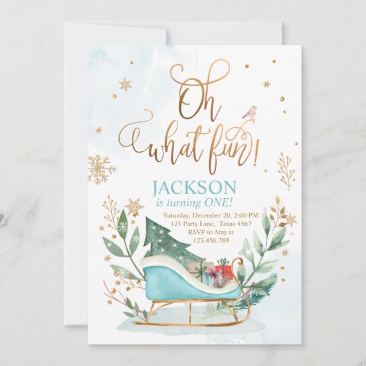 ああ何おもしろいウインタースイー男の子1歳の誕生日 招待状 (正面)