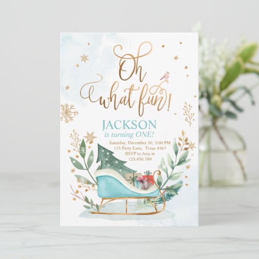 ああ何おもしろいウインタースイー男の子1歳の誕生日 招待状 (スタンド正面)