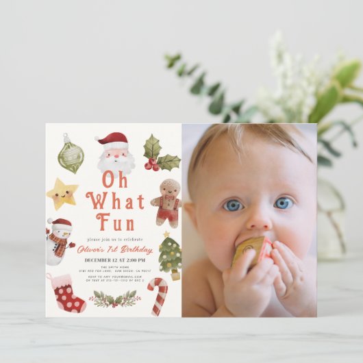ああ何おもしろいクリスマスサンタ写真1日の誕生日 招待状 (スタンド正面)