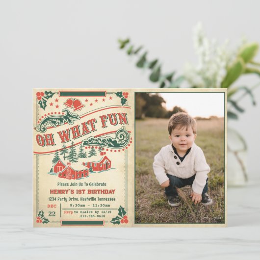 ああ何おもしろいクリスマスレトロヴィンテージ誕生日写真 招待状 (スタンド正面)
